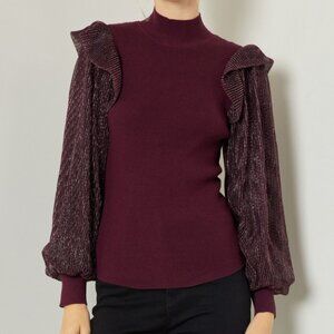 Entro NEW Burgundy Mock Neck Sweater Metallic Puff Sleeve Ruffle Trim Size S M L